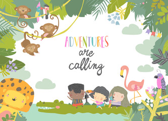 Cute cartoon kids traveling with animals. Adventures are calling