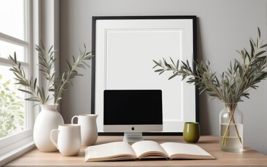 Breakfast still life. Cup of coffee, books and empty picture frame mockup on wooden desk, table. Vase with olive branches. Elegant working space, home office concept. Scandinavian interior design