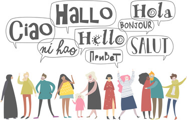 Group of cartoon people talking in different languages © Maria Starus