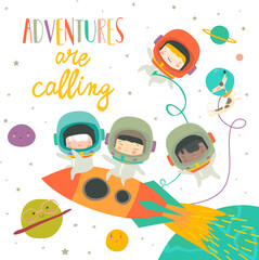 Girls and boys astronauts riding a rocket