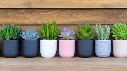 Indoor display of various potted plants on wooden shelf in a bright room