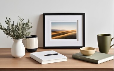 Breakfast still life. Cup of coffee, books and empty picture frame mockup on wooden desk, table. Vase with olive branches. Elegant working space, home office concept. Scandinavian interior design
