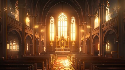 Fototapeta premium Golden light fills the gothic church, highlighting intricate architecture and creating a serene atmosphere