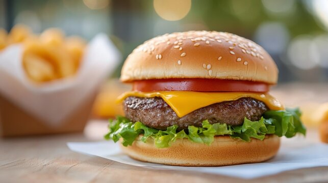 Juicy cheeseburger with lettuce and tomato on a wooden table at a cozy restaurant