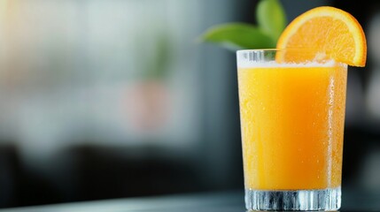 Fresh orange juice with mint served in a glass against a blurred background