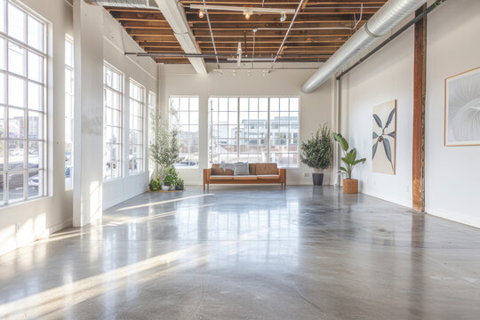 Artistic studio space with medium-textured concrete floors, high ceilings.