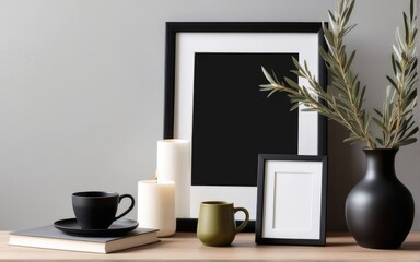 Breakfast still life. Cup of coffee, books and empty picture frame mockup on wooden desk, table. Vase with olive branches. Elegant working space, home office concept. Scandinavian interior design