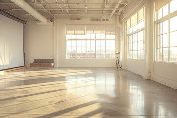 Fototapeta premium Artistic studio space with medium-textured concrete floors, high ceilings.