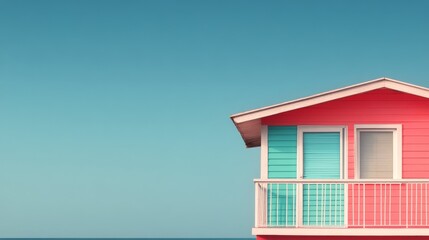 Colorful beach house with turquoise and pink accents near the ocean under a clear sky