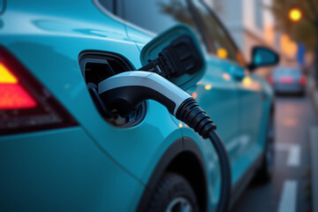 Electric Vehicle Charging Station with Power Cable Plugged In - Green Energy, EV Charging, Blue Power, and Electric Energy in Modern Charging Infrastructure.