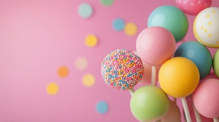 Colorful swirl lollipops with sprinkles against a blurred blue background