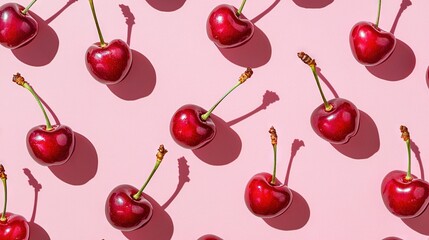   Cherries stacked on pink surface