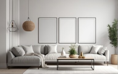 Mock up poster frame in scandinavian style interior. Minimalist interior design. 3D illustration