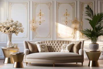 luxury living room with classic white sofa and sofa, interior design