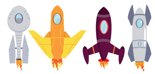 Set of beautiful colorful rockets flying into space in cartoon style. Vector illustration of rockets of different shapes with portholes, fins, fire in the tail isolated on a white background.