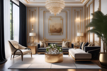 luxury living room with classic white sofa and sofa, interior design