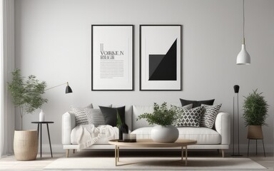 Mock up poster frame in scandinavian style interior. Minimalist interior design. 3D illustration