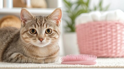 Kitten relaxing beside a pink grooming brush in a cozy indoor setting
