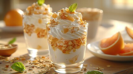   A close-up of a sweet treat in a glass sits on a table next to an orange plate and a granola bowl