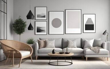 Mock up poster frame in scandinavian style interior. Minimalist interior design. 3D illustration