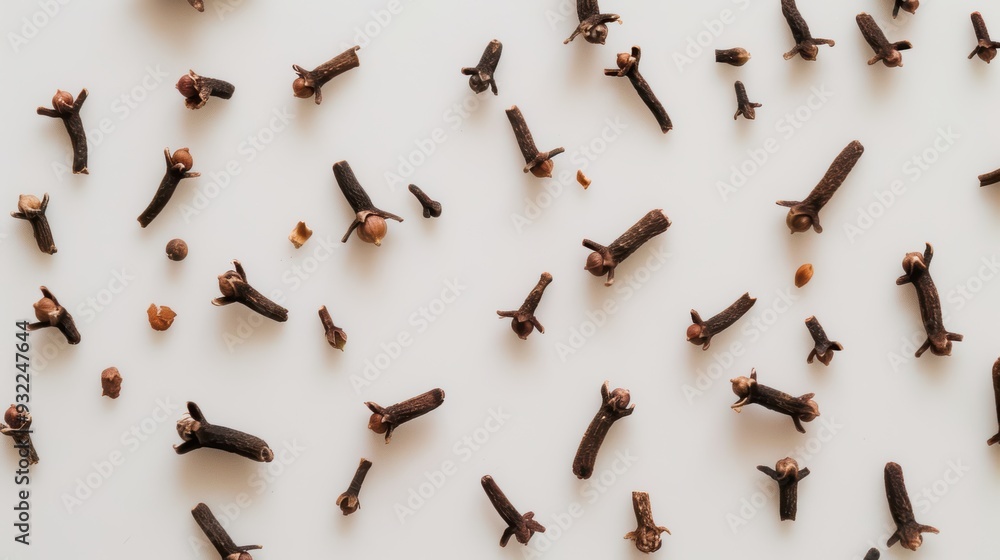 Aufkleber capturing the essence of spice: a minimalist white background with a pattern of aromatic dried clove