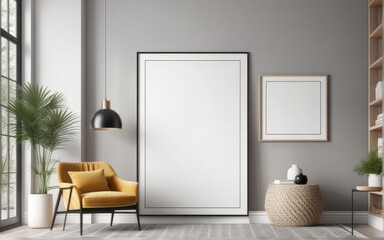 Mock up poster frame in scandinavian style interior. Minimalist interior design. 3D illustration