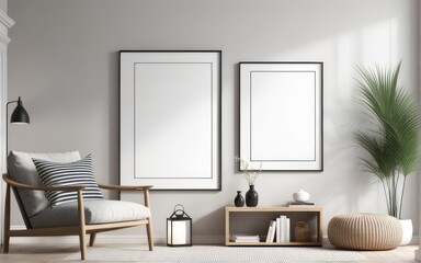 Mock up poster frame in scandinavian style interior. Minimalist interior design. 3D illustration