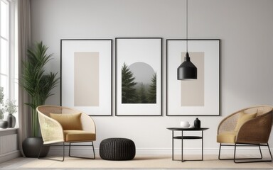 Mock up poster frame in scandinavian style interior. Minimalist interior design. 3D illustration