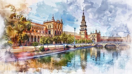 Fototapeta premium View of Seville, Plaza de España. Travel in Spain. Holidays in Andalusia. Horizontal banner, free space for text, watercolor illustration. Postcard from Sevilla. Tourism concept. Andalusian trip