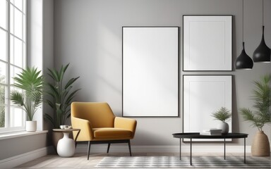 Mock up poster frame in scandinavian style interior. Minimalist interior design. 3D illustration