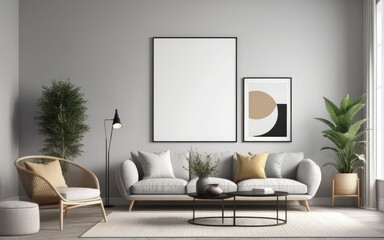 Mock up poster frame in scandinavian style interior. Minimalist interior design. 3D illustration
