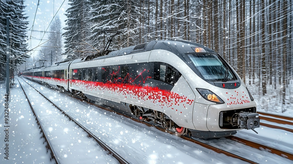 Sticker a train, painted white and red, travels through a snow-covered forest while a nearby tall grass and 