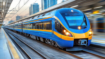 Naklejka premium A blue & yellow train descends tracks beside towering buildings, high-rise edifices in backdrop