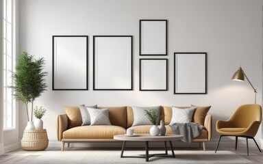 Mock up poster frame in scandinavian style interior. Minimalist interior design. 3D illustration