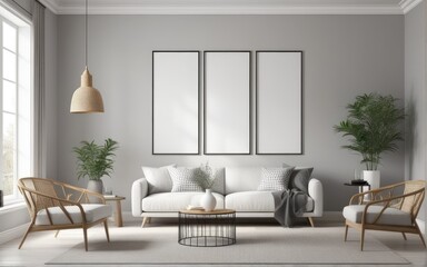 Mock up poster frame in scandinavian style interior. Minimalist interior design. 3D illustration