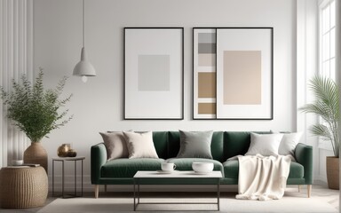 Fototapeta premium Mock up poster frame in scandinavian style interior. Minimalist interior design. 3D illustration