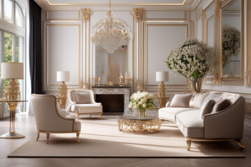 luxury living room with classic white sofa and sofa, interior design
