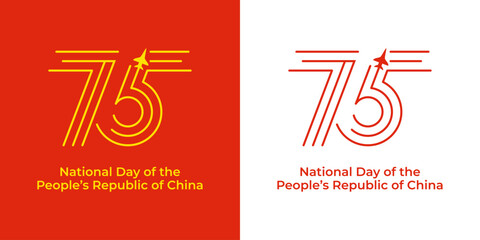 75th Anniversary National Day of the People's Republic of China. Independence Day greeting card. Number 75 are drawn as aircraft trails on red and white backdrop. Design for logo, web, poster, print