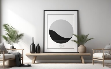Mock up poster frame in scandinavian style interior. Minimalist interior design. 3D illustration
