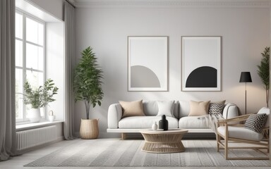 Fototapeta premium Mock up poster frame in scandinavian style interior. Minimalist interior design. 3D illustration