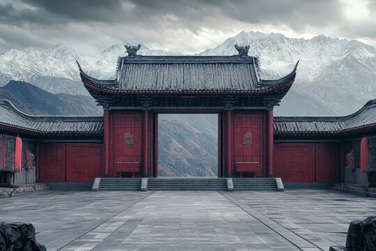 Ancient Chinese temple in front of snow-covered mountains serene and majestic scenery