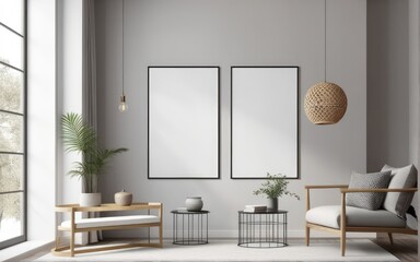 Mock up poster frame in scandinavian style interior. Minimalist interior design. 3D illustration