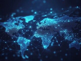 glowing blue digital world map with interconnected nodes on dark background