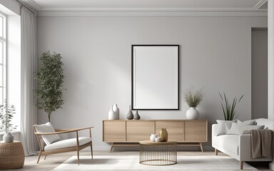 Mock up poster frame in scandinavian style interior. Minimalist interior design. 3D illustration