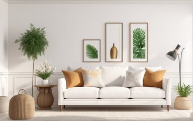 Frame mockup in bright living room design, white sofa in farmhouse boho interior style, 3d render