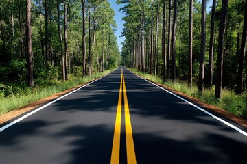 Obraz premium A serene road stretches through a lush forest, inviting travelers to explore nature's beauty and tranquility.