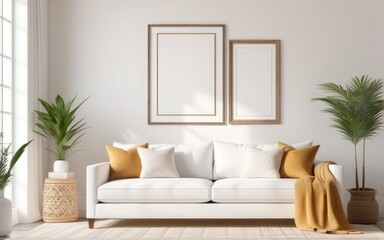 Naklejka premium Frame mockup in bright living room design, white sofa in farmhouse boho interior style, 3d render