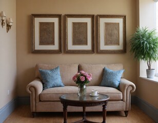 Naklejka premium Interior image of the beautiful sitting area with a stylish couch, cushions, decorative accessories and photo frame on the wall, Interior design template.