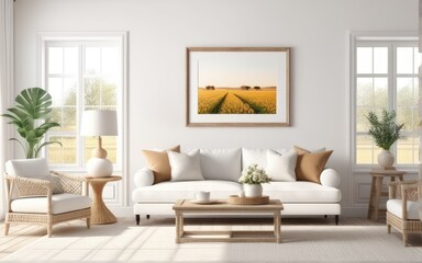 Frame mockup in bright living room design, white sofa in farmhouse boho interior style, 3d render