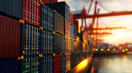 Fototapeta premium Stacked shipping containers at a busy port with a sunset in the background.